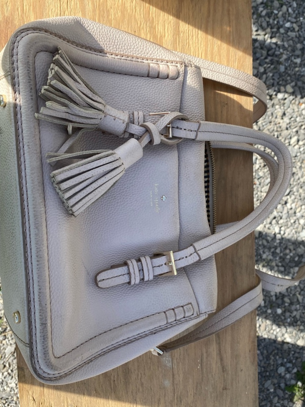 kate spade pebble leather satchel in light taupe with tassels